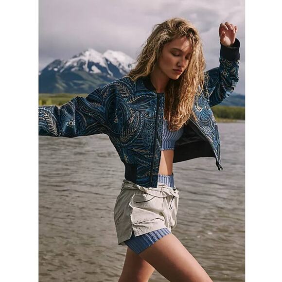 New Free People Garden Party Bomber Jacket FP MOVEMENT $298 SMALL Blue - Picture 4 of 8